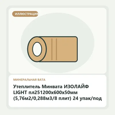Иллюстрация: Утеплитель Минвата ИЗОЛАЙФ LIGHT пл251200х600х50мм (5,76м2/0,288м3/8 плит) 24 упак/под
